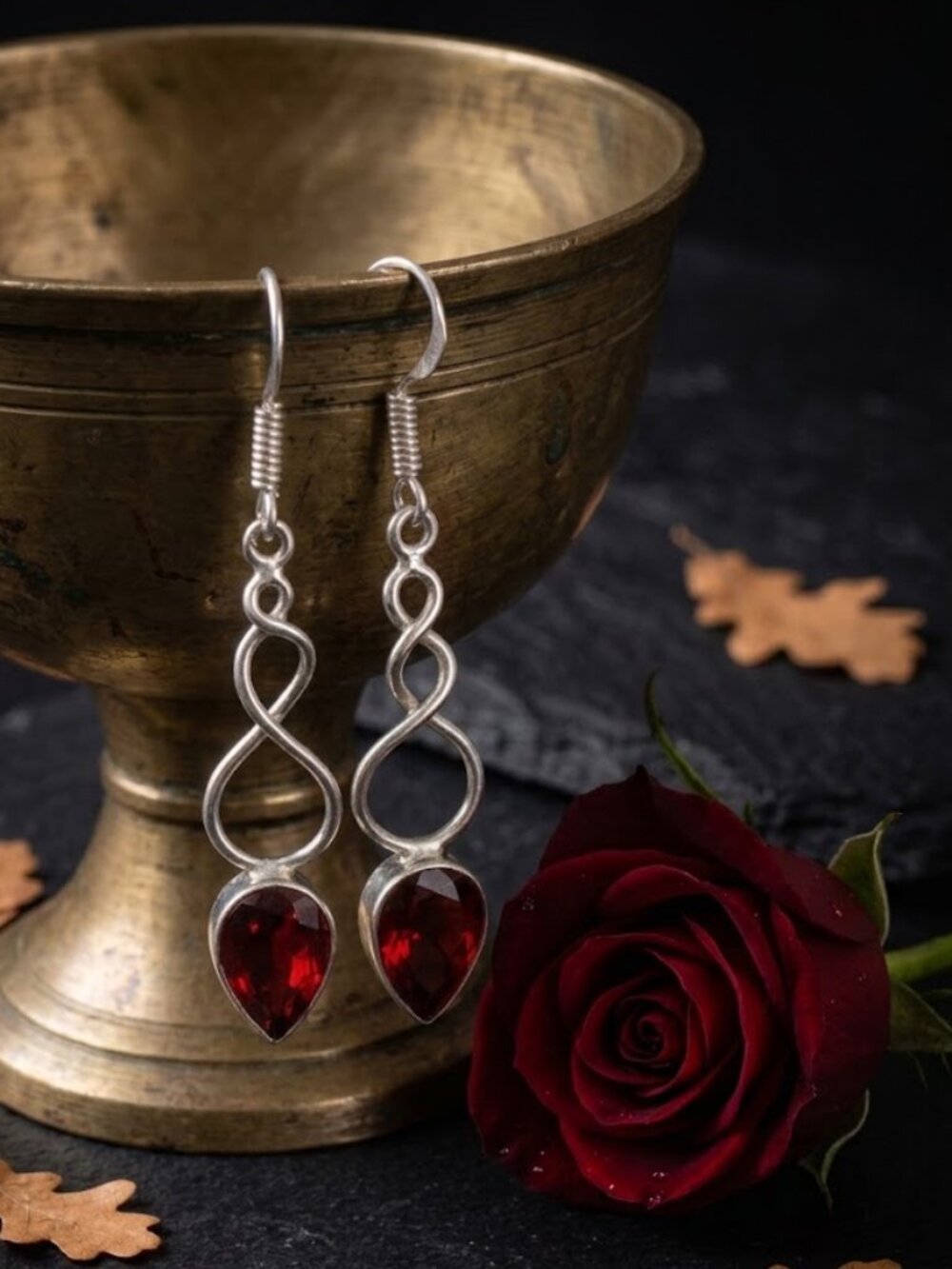 Garnet Red Teardrop Earrings 925 Sterling Silver Infinity Twist Drop 2.05"